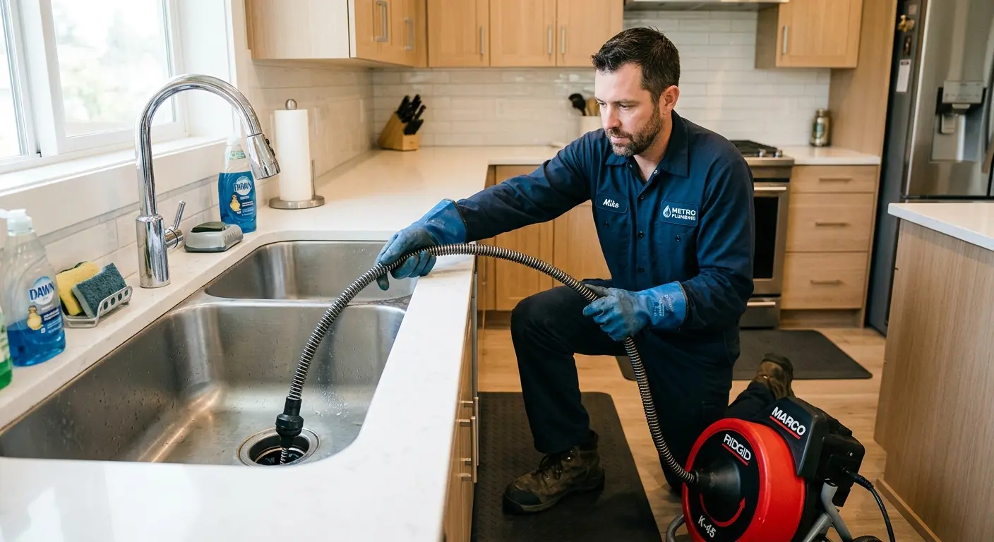 Drain cleaning technician using a motorized snake on a kitchen sink in Rancho Palos Verdes