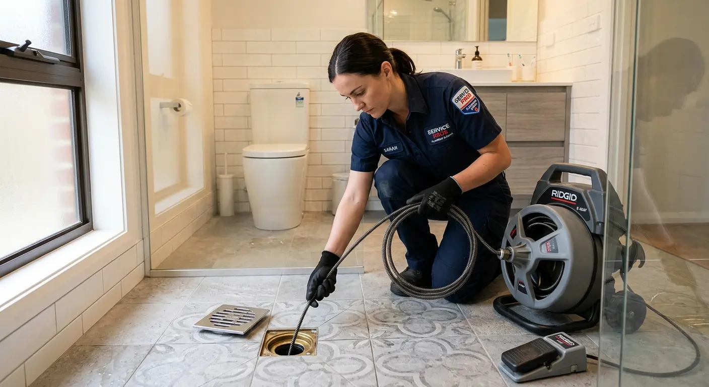 Technician clearing a bathroom floor drain for Drain Repair in Rancho Palos Verdes